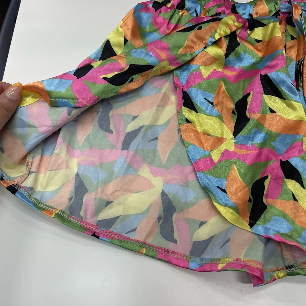 Beginning Boutique Satin Abstract Leaf Print Flowy Shorts 80s Style Multicolor 6